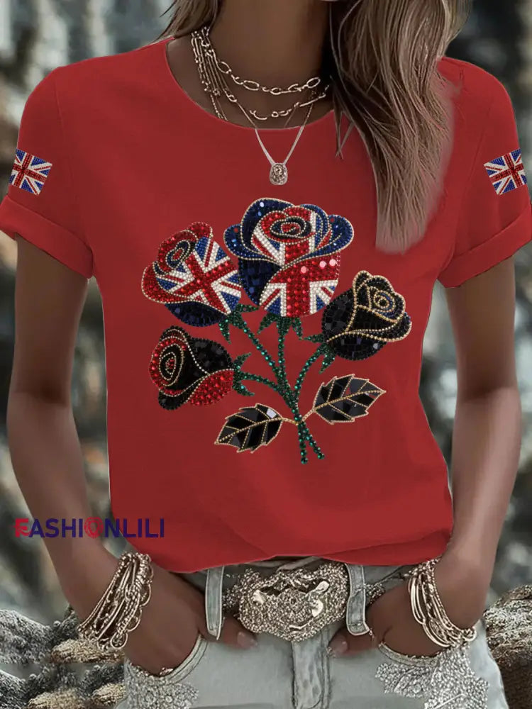 Women’s British imitation diamond hot drilling Printed Iron On Short Sleeve T Shirt Red / S