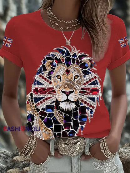 Women’s British imitation diamond hot-drilling Printed Iron On Short Sleeve T-Shirt Red / S