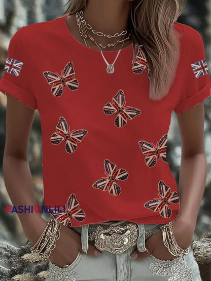 Women’s British imitation diamond hot drilling Printed Iron On Short Sleeve T Shirt Red / S