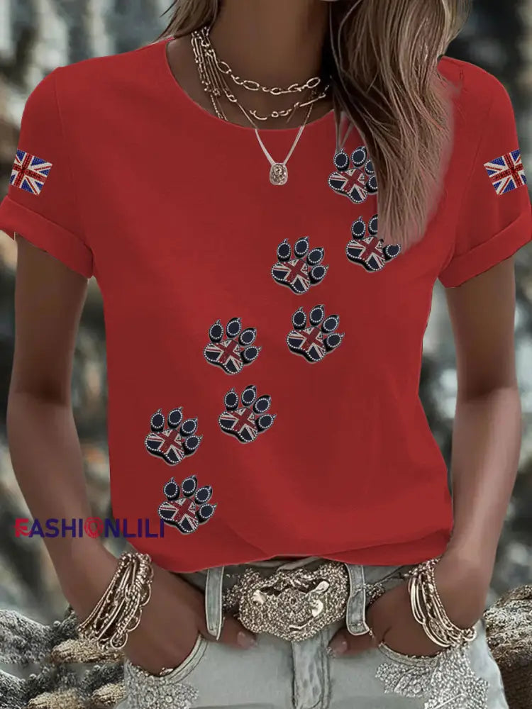 Women’s British imitation diamond hot drilling Printed Iron On Short Sleeve T Shirt Red / S