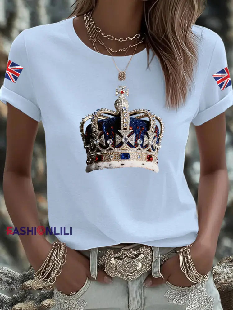 Women’s British imitation diamond hot drilling Printed Iron On Short Sleeve T Shirt Sky Blue / S