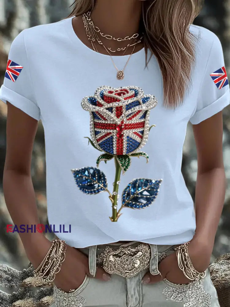 Women’s British imitation diamond hot drilling Printed Iron On Short Sleeve T Shirt Sky Blue / S