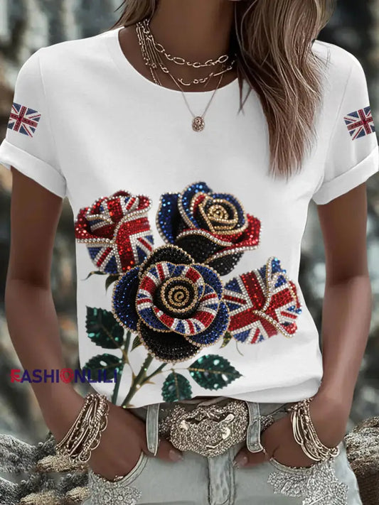 Women’s British imitation diamond hot drilling Printed Iron On Short Sleeve T Shirt White / S