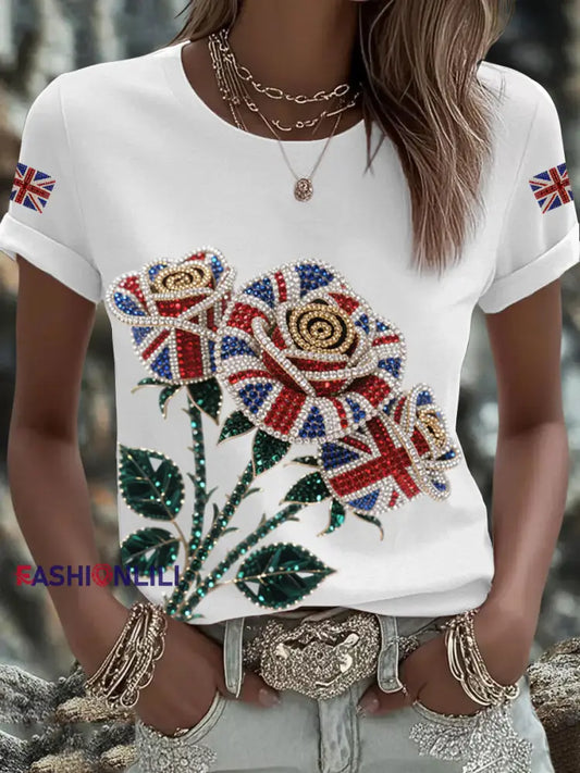 Women’s British imitation diamond hot drilling Printed Iron On Short Sleeve T Shirt White / S
