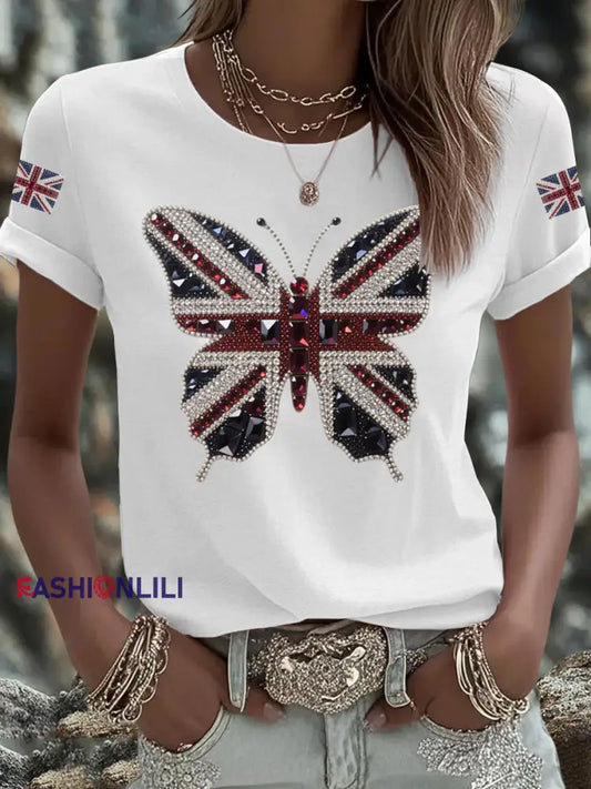 Women’s British imitation diamond hot drilling Printed Iron On Short Sleeve T Shirt White / S