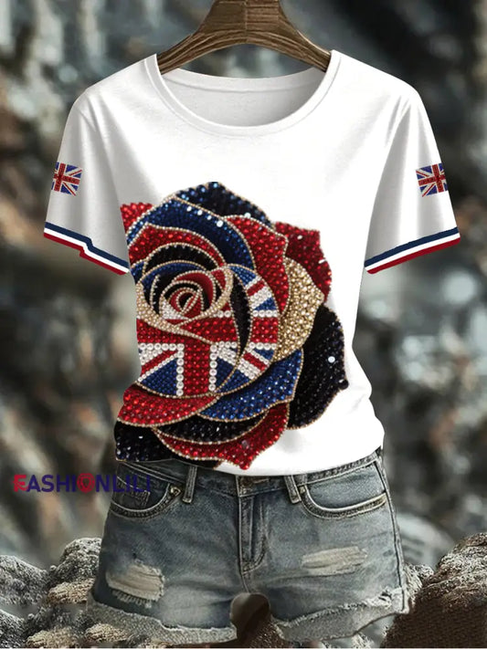 Women’s British imitation diamond hot drilling Printed Iron On Short Sleeve T Shirt White / S