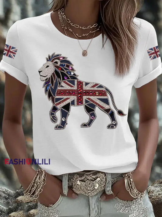 Women’s British imitation diamond hot drilling Printed Iron On Short Sleeve T Shirt White / S