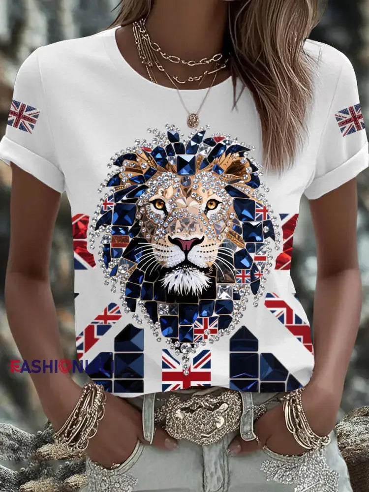 Women’s British imitation diamond hot drilling Printed Iron On Short Sleeve T Shirt White / S