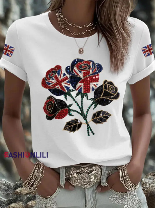 Women’s British imitation diamond hot drilling Printed Iron On Short Sleeve T Shirt White / S