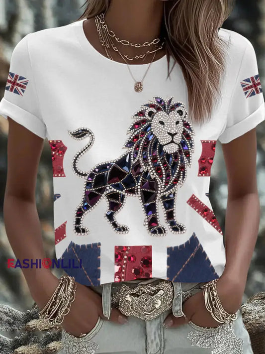 Women’s British imitation diamond hot drilling Printed Iron On Short Sleeve T Shirt White / S