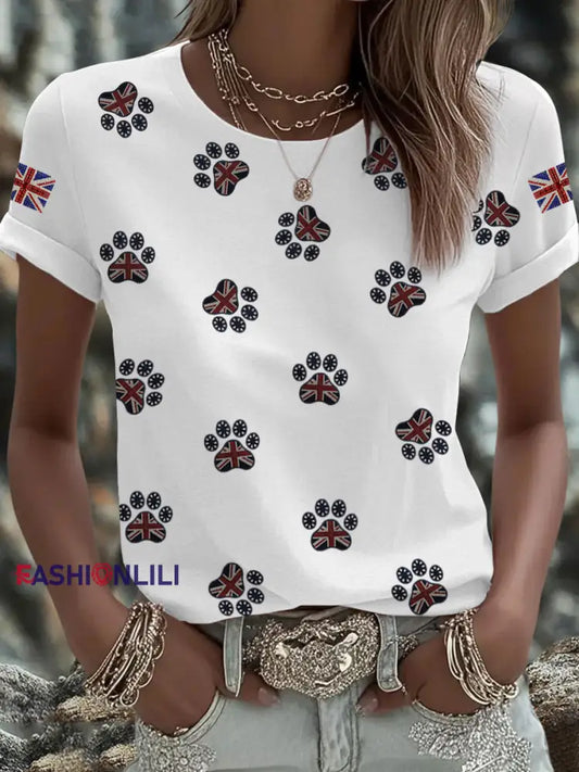 Women’s British imitation diamond hot drilling Printed Iron On Short Sleeve T Shirt White / S