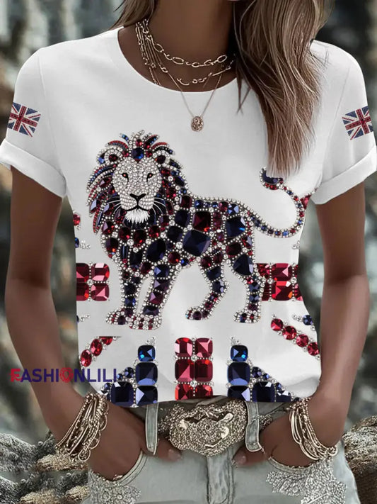 Women’s British imitation diamond hot drilling Printed Iron On Short Sleeve T Shirt White / S