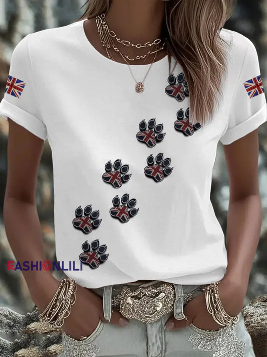 Women’s British imitation diamond hot drilling Printed Iron On Short Sleeve T Shirt White / S