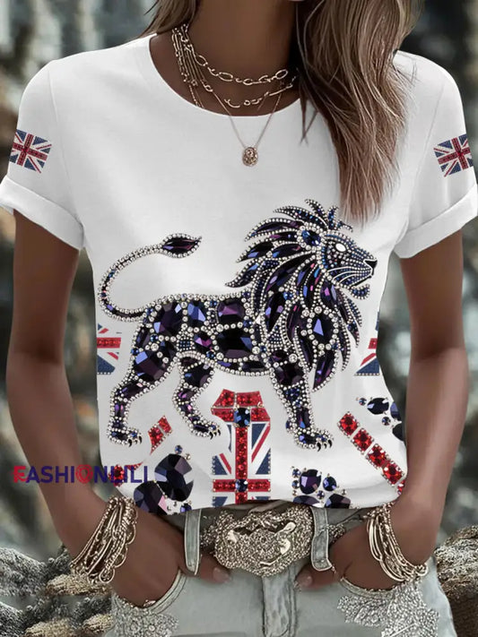 Women’s British imitation diamond hot drilling Printed Iron On Short Sleeve T Shirt White / S