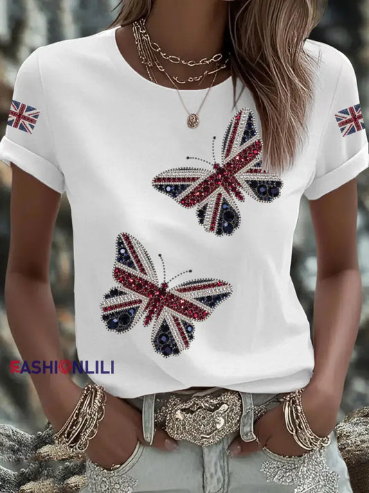 Women’s British imitation diamond hot drilling Printed Iron On Short Sleeve T Shirt White / S