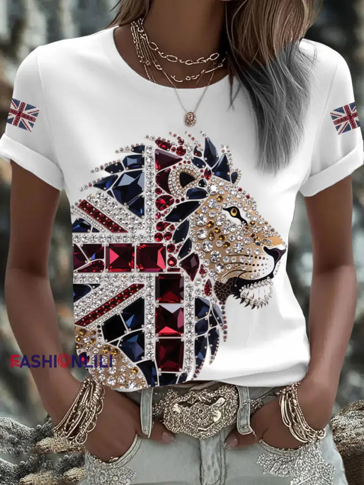 Women’s British imitation diamond hot drilling Printed Iron On Short Sleeve T Shirt White / S