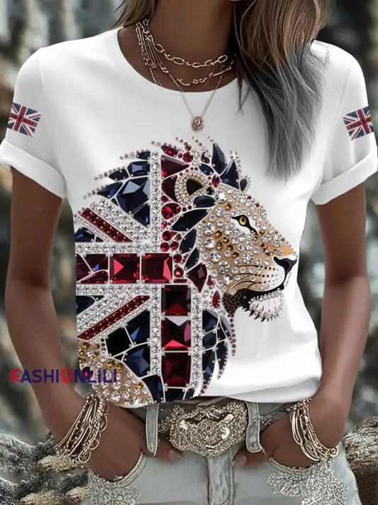 Women’s British imitation diamond hot drilling Printed Iron On Short Sleeve T Shirt White / S