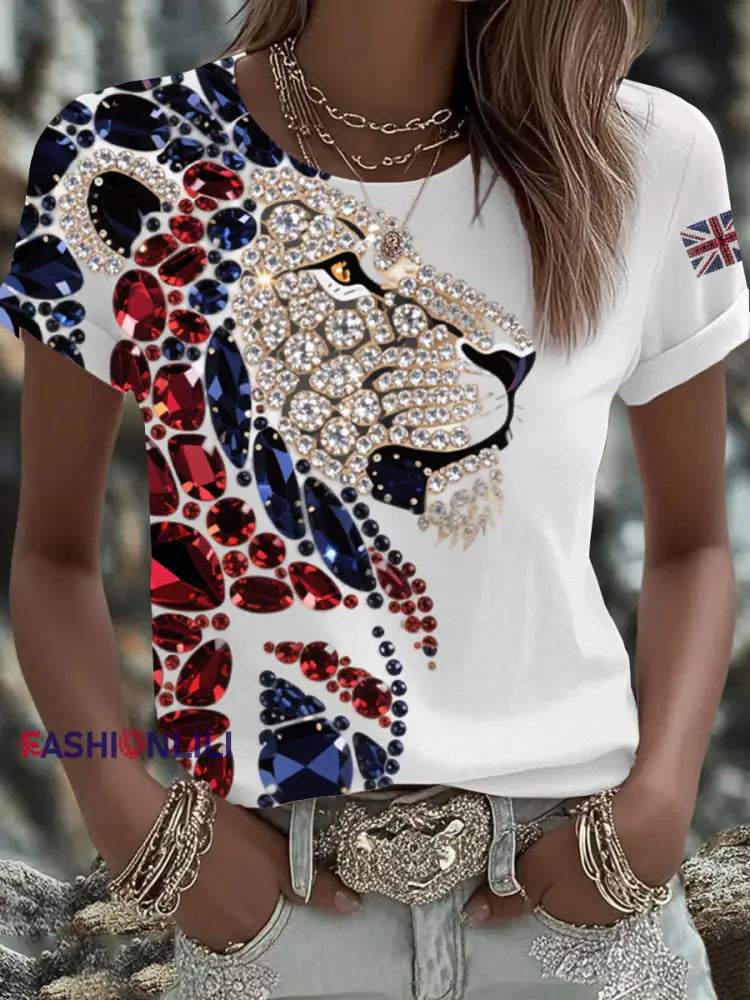 Women’s British imitation diamond hot drilling Printed Iron On Short Sleeve T Shirt White / S