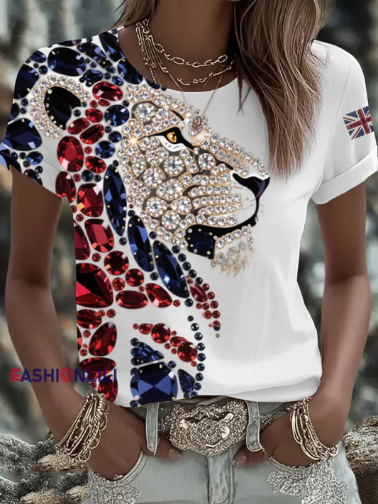 Women’s British imitation diamond hot drilling Printed Iron On Short Sleeve T Shirt White / S