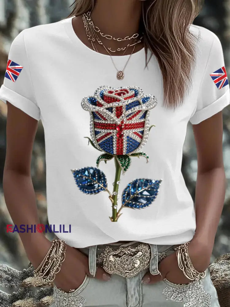 Women’s British imitation diamond hot drilling Printed Iron On Short Sleeve T Shirt White / S