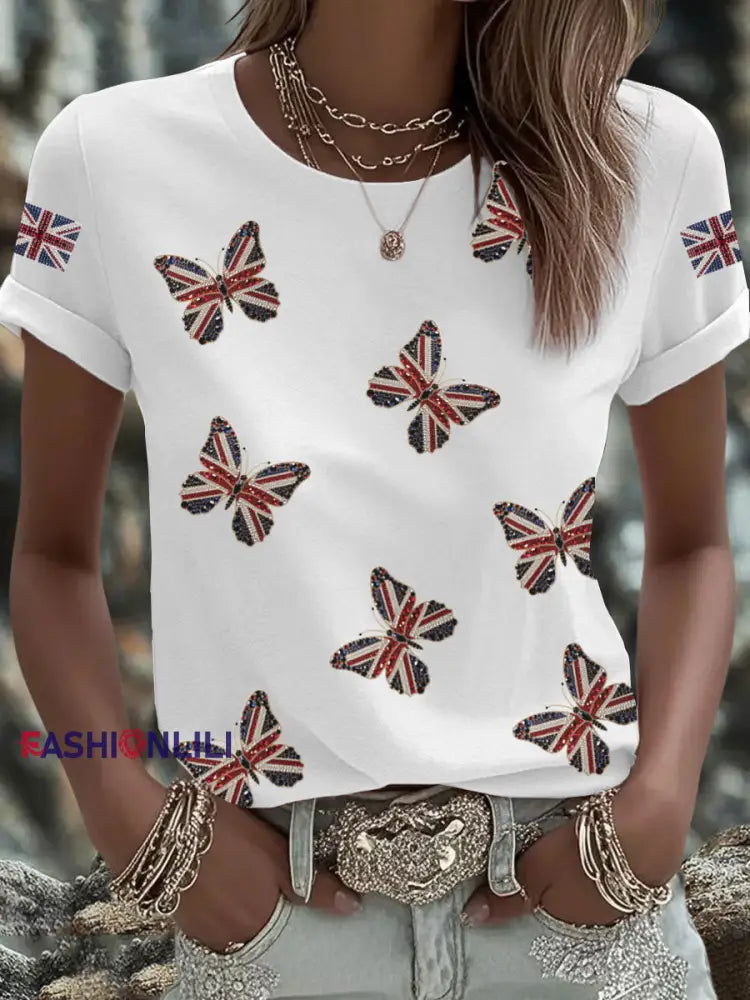 Women’s British imitation diamond hot drilling Printed Iron On Short Sleeve T Shirt White / S