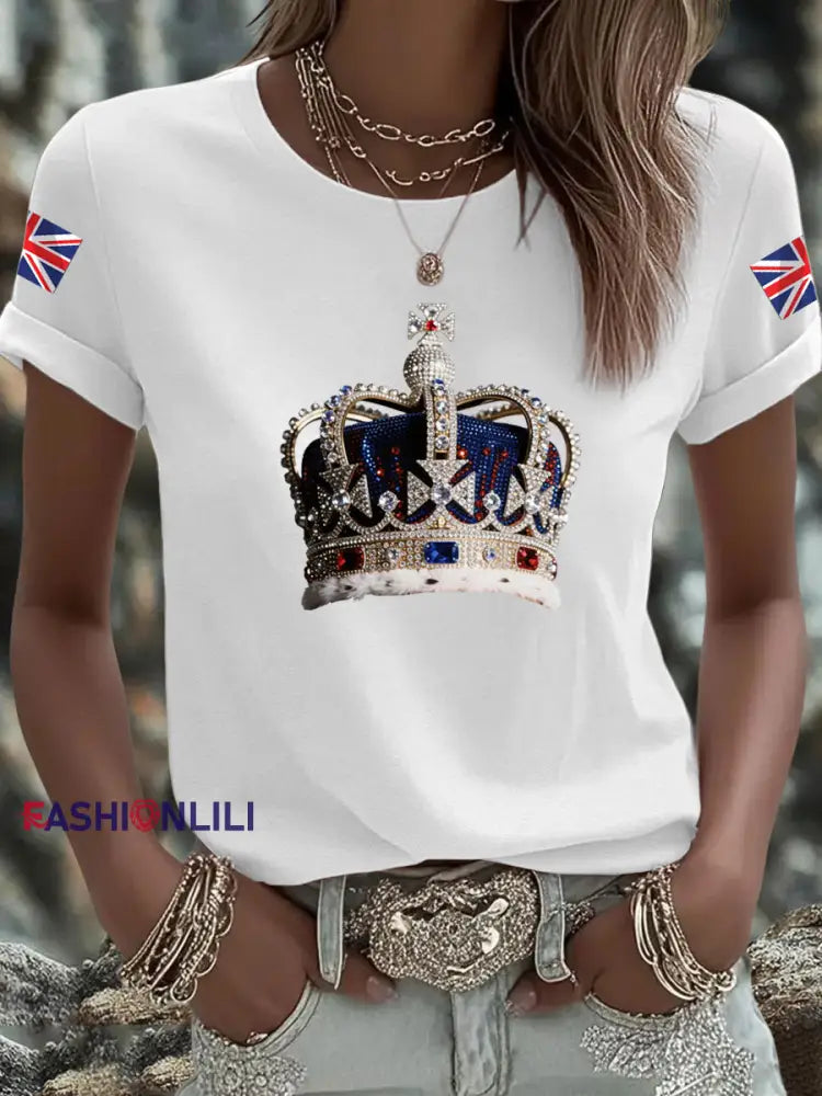 Women’s British imitation diamond hot drilling Printed Iron On Short Sleeve T Shirt White / S