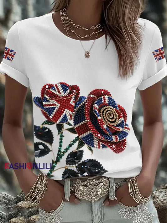 Women’s British imitation diamond hot drilling Printed Iron On Short Sleeve T Shirt White / S