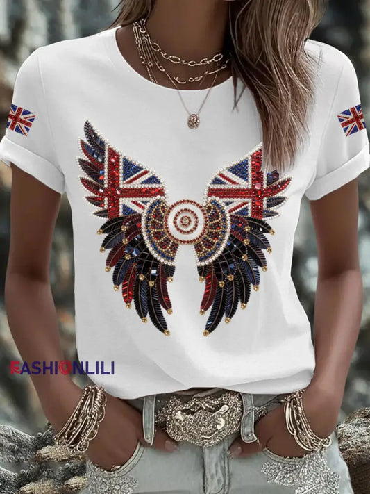 Women’s British imitation diamond hot drilling Printed Iron On Short Sleeve T Shirt White / S