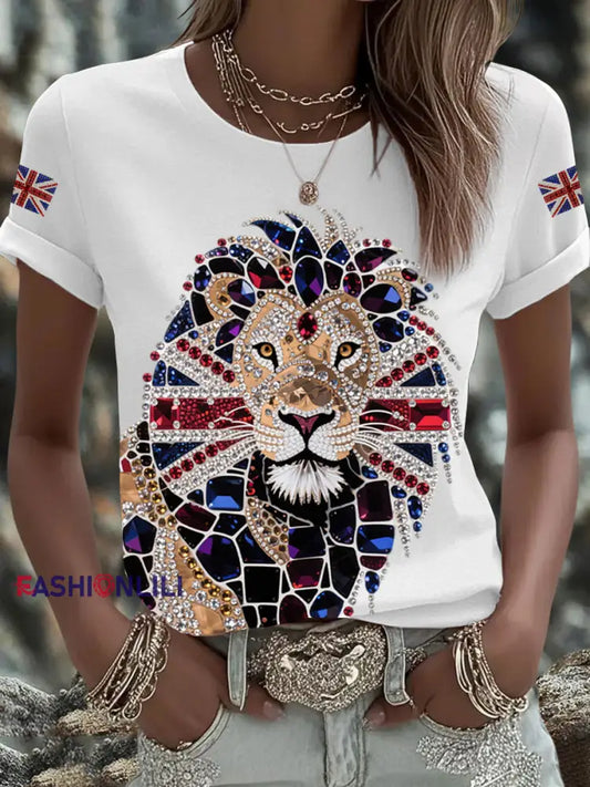 Women’s British imitation diamond hot-drilling Printed Iron On Short Sleeve T-Shirt White / S