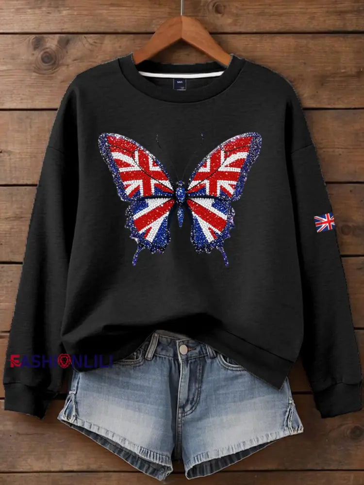 Women’s British imitation diamond hot drilling Printed Regular Sweatshirt Black / S