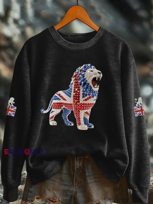 Women’s British imitation diamond hot drilling Printed Regular Sweatshirt Black / S