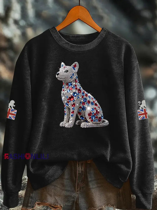 Women’s British imitation diamond hot drilling Printed Regular Sweatshirt Black / S