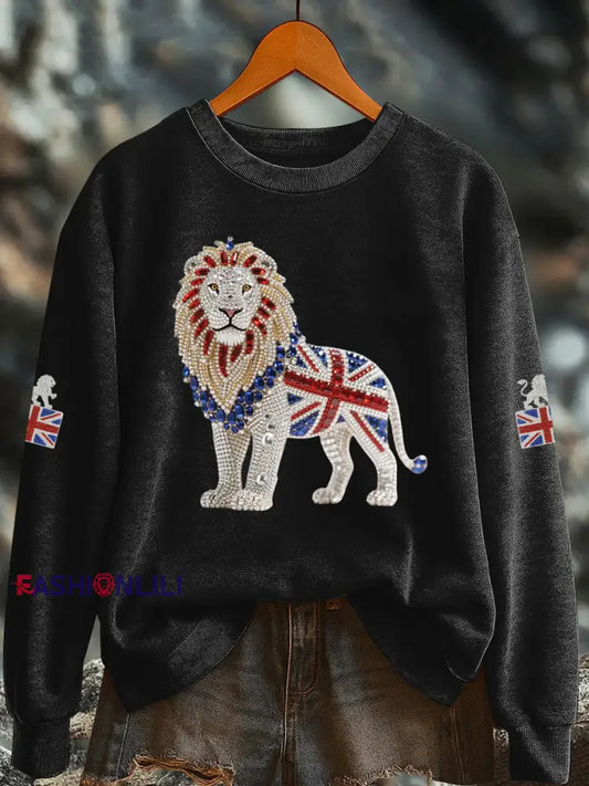 Women’s British imitation diamond hot drilling Printed Regular Sweatshirt Black / S