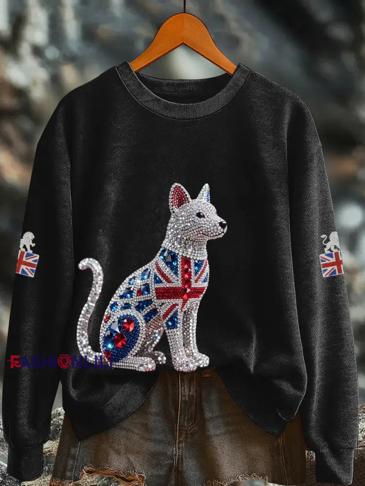 Women’s British imitation diamond hot drilling Printed Regular Sweatshirt Black / S