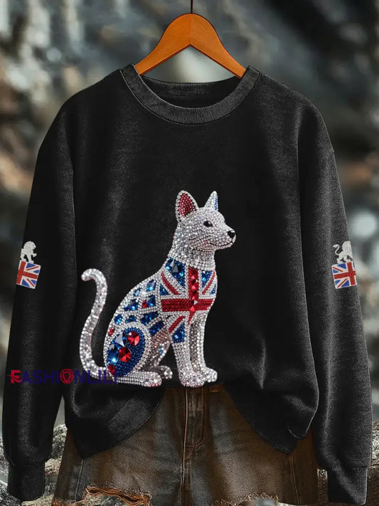 Women’s British imitation diamond hot drilling Printed Regular Sweatshirt Black / S