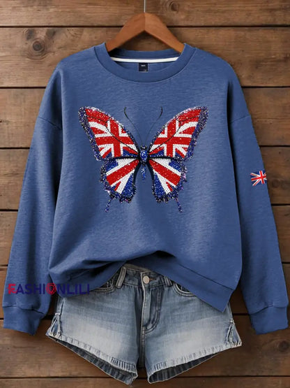 Women’s British imitation diamond hot drilling Printed Regular Sweatshirt Blue / S