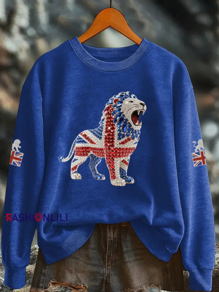 Women’s British imitation diamond hot drilling Printed Regular Sweatshirt Blue / S
