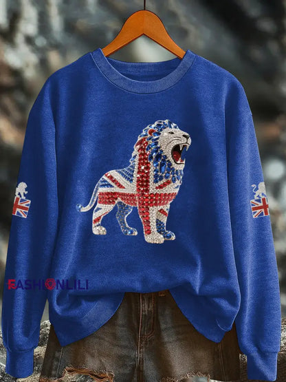 Women’s British imitation diamond hot drilling Printed Regular Sweatshirt Blue / S