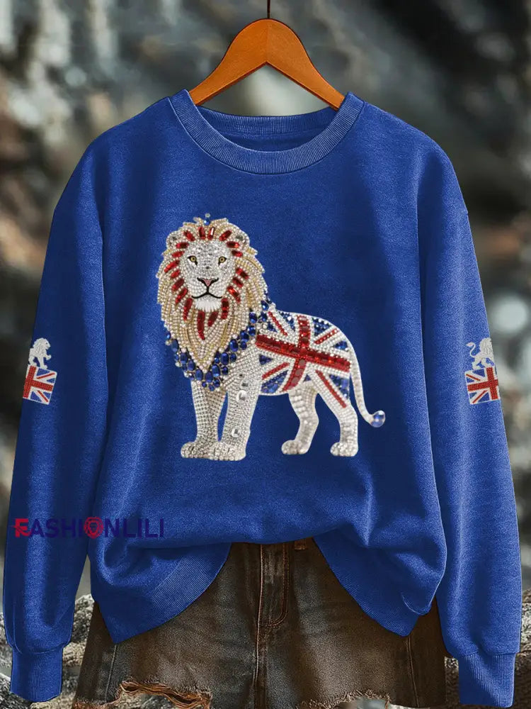 Women’s British imitation diamond hot drilling Printed Regular Sweatshirt Blue / S