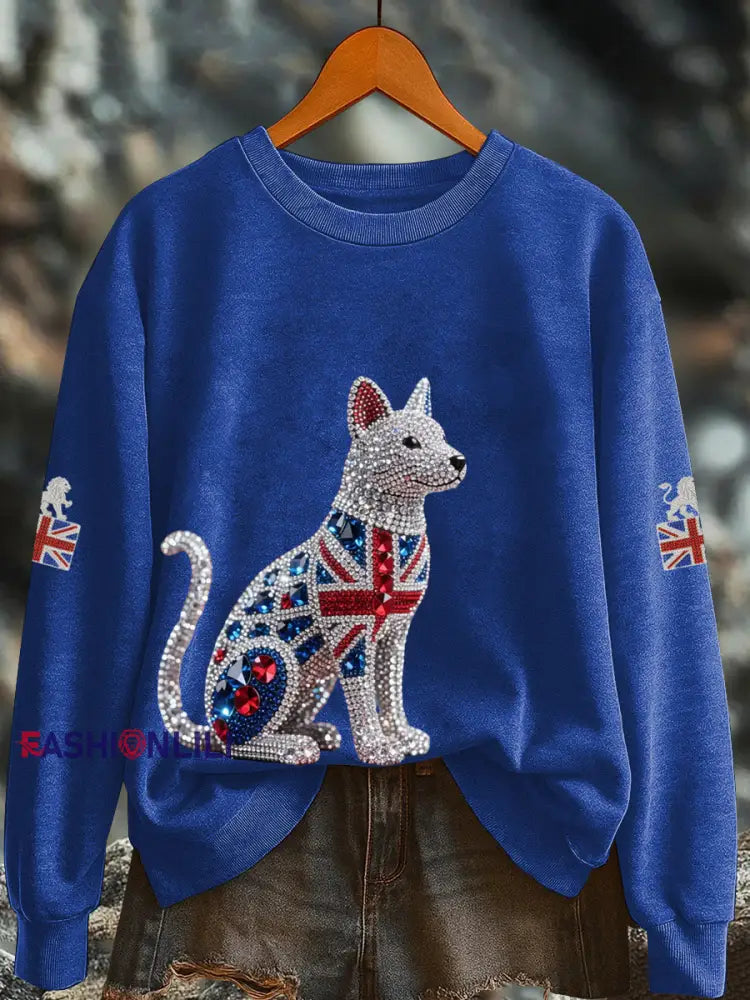 Women’s British imitation diamond hot drilling Printed Regular Sweatshirt Blue / S