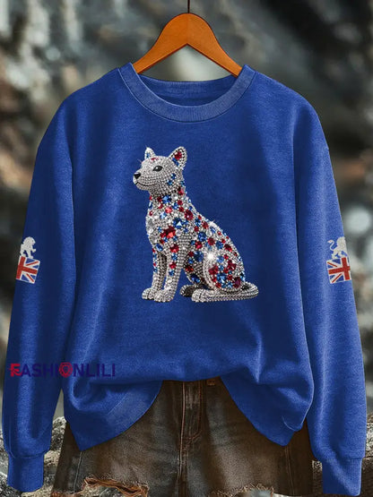 Women’s British imitation diamond hot drilling Printed Regular Sweatshirt Blue / S