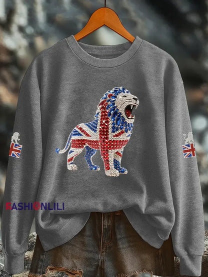 Women’s British imitation diamond hot drilling Printed Regular Sweatshirt Gray / S
