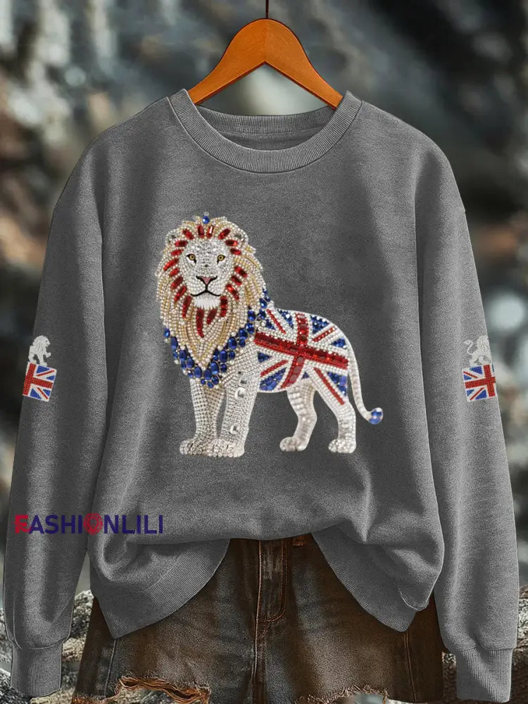 Women’s British imitation diamond hot drilling Printed Regular Sweatshirt Gray / S