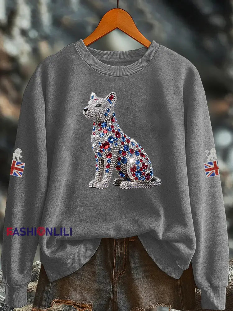 Women’s British imitation diamond hot drilling Printed Regular Sweatshirt Gray / S