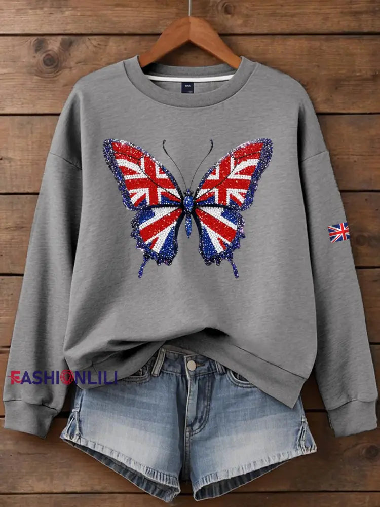 Women’s British imitation diamond hot drilling Printed Regular Sweatshirt Light Gray / S