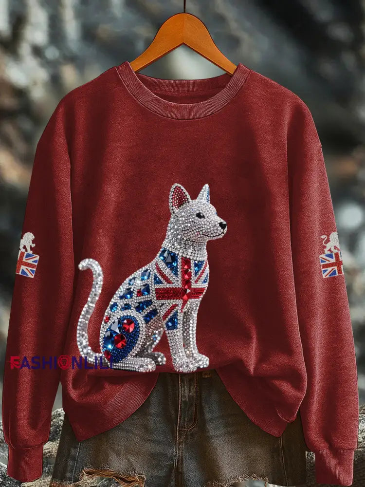 Women’s British imitation diamond hot drilling Printed Regular Sweatshirt Red / S