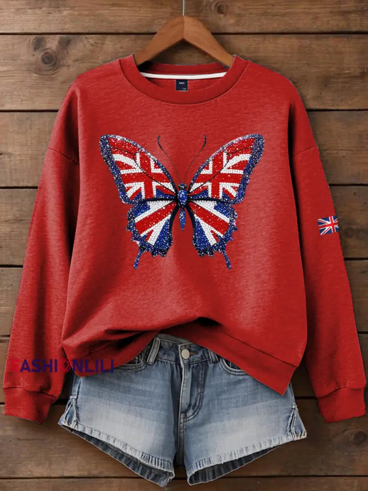 Women’s British imitation diamond hot drilling Printed Regular Sweatshirt Red / S