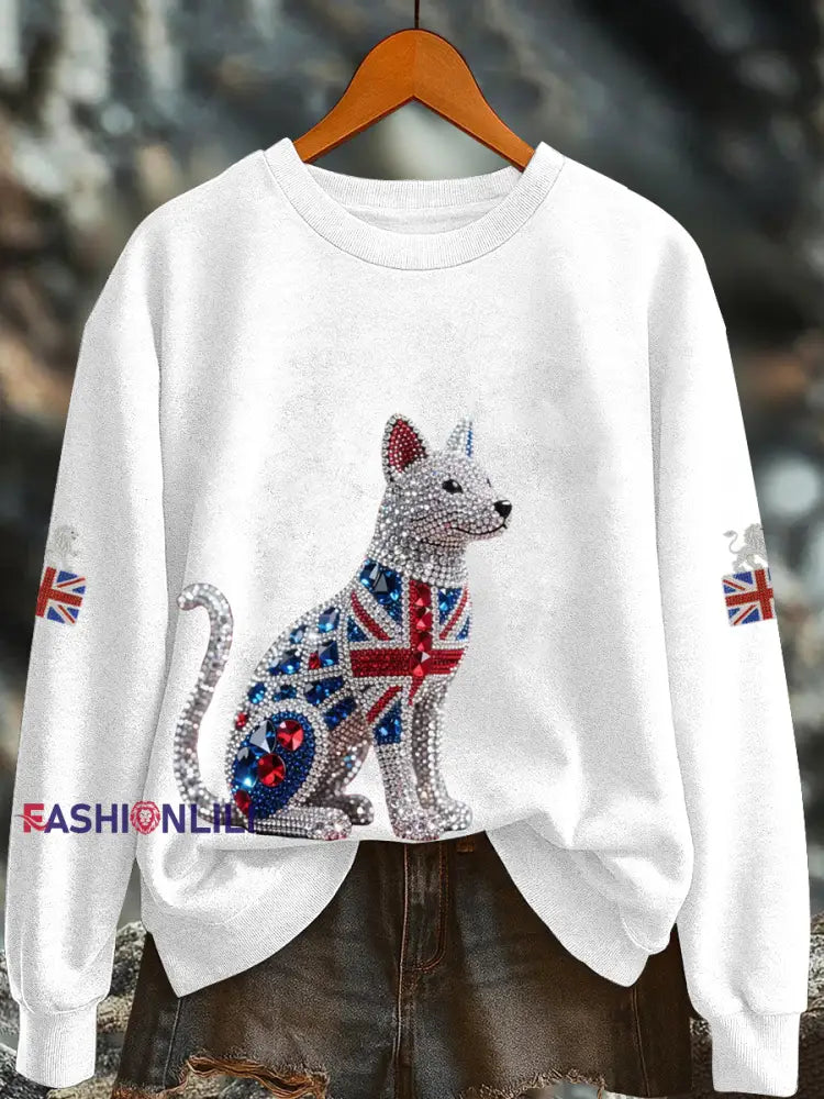 Women’s British imitation diamond hot drilling Printed Regular Sweatshirt White / S