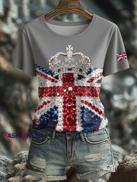 Women’s British imitation diamond hot drilling Printed short sleeved T shirt As picture / S