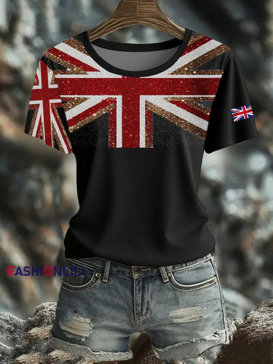 Women’s British imitation diamond hot drilling Printed short sleeved T shirt Black / S